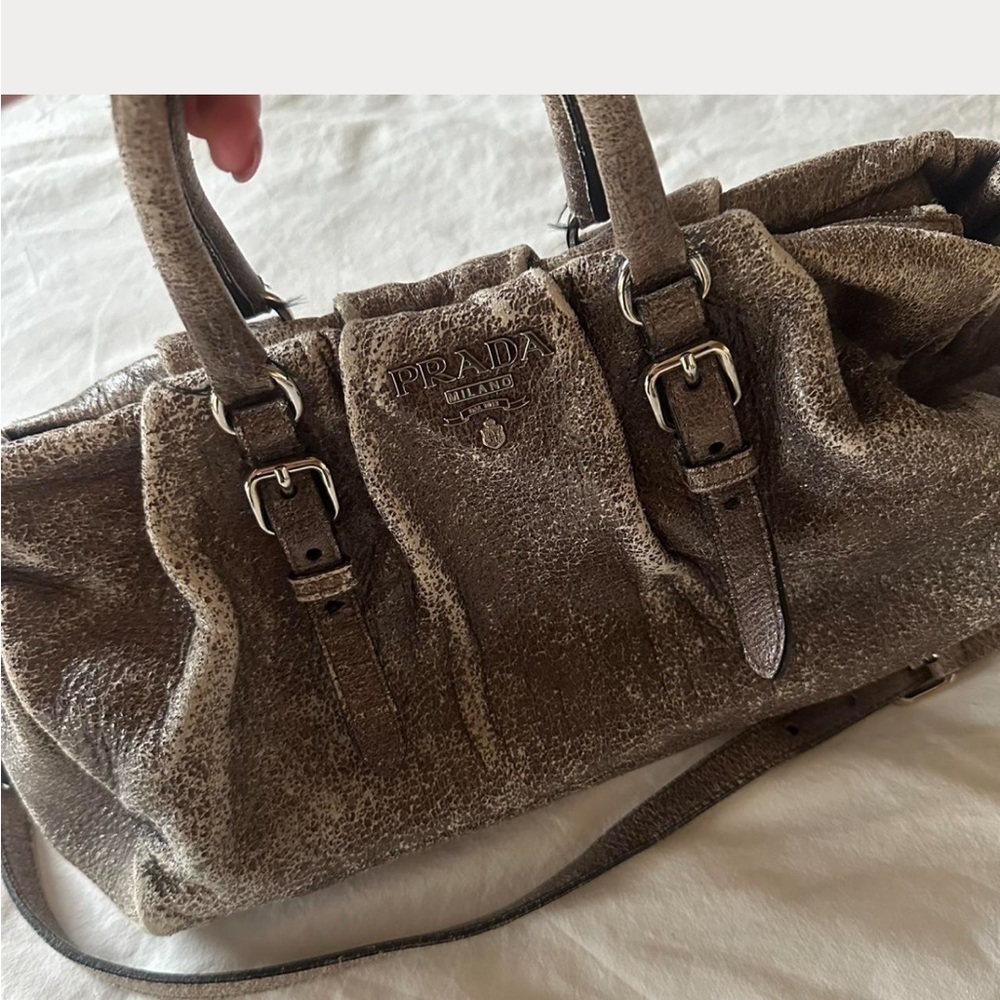 PRADA Distressed Brown Leather Shoulder Satchel